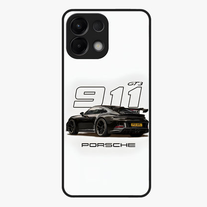 Turbo Legacy Icon Glass Case showing flat back view with iconic sports car inspired artwork and glossy glass finish.