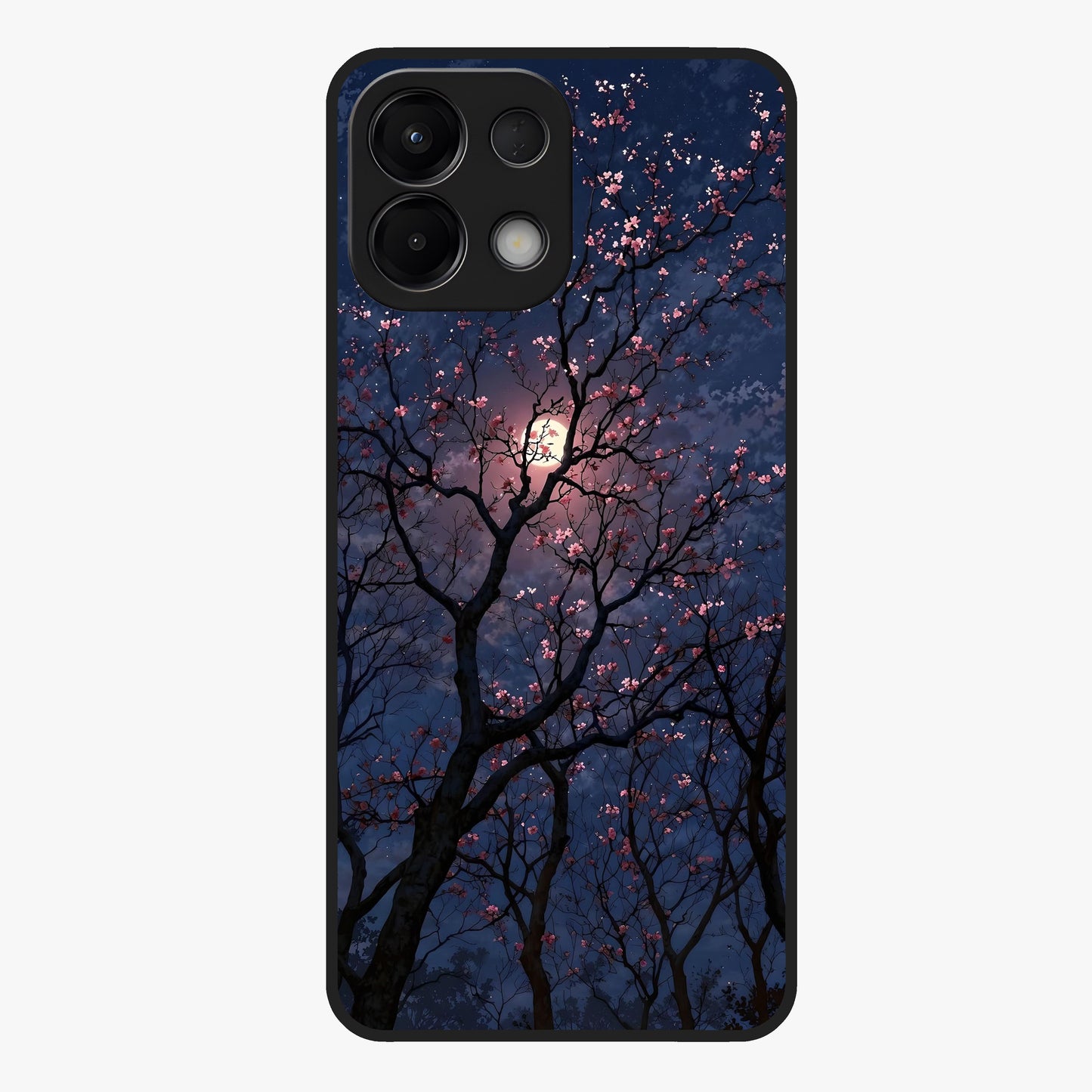 Twilight Sakura Serenade Glass Case showing flat back view with cherry blossom artwork at twilight and glossy glass finish.