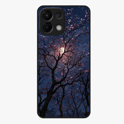 Twilight Sakura Serenade Glass Case showing flat back view with cherry blossom artwork at twilight and glossy glass finish.
