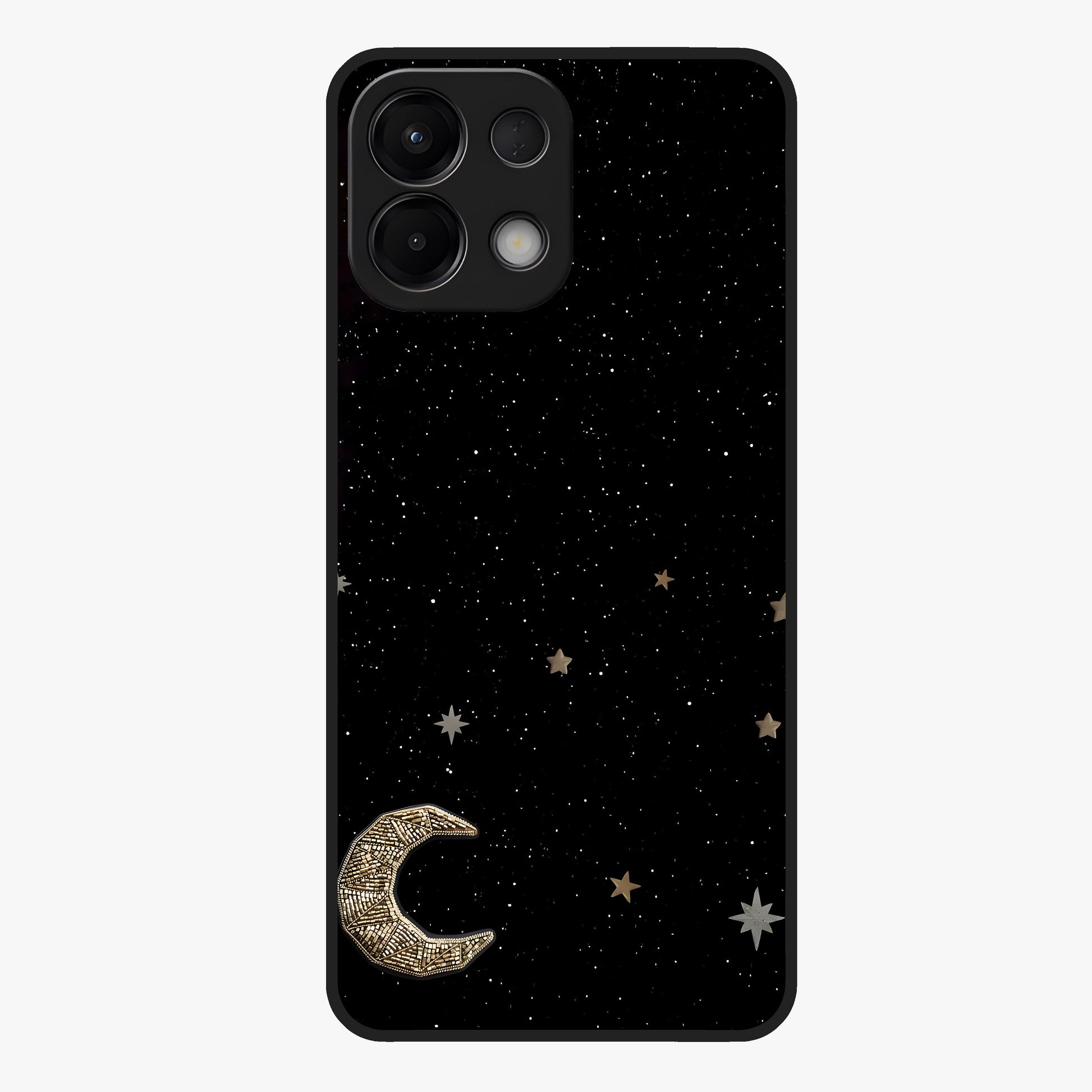 Twinkle Star With Half Moon Glass Case showing flat back view with star and half moon artwork and glossy glass finish.
