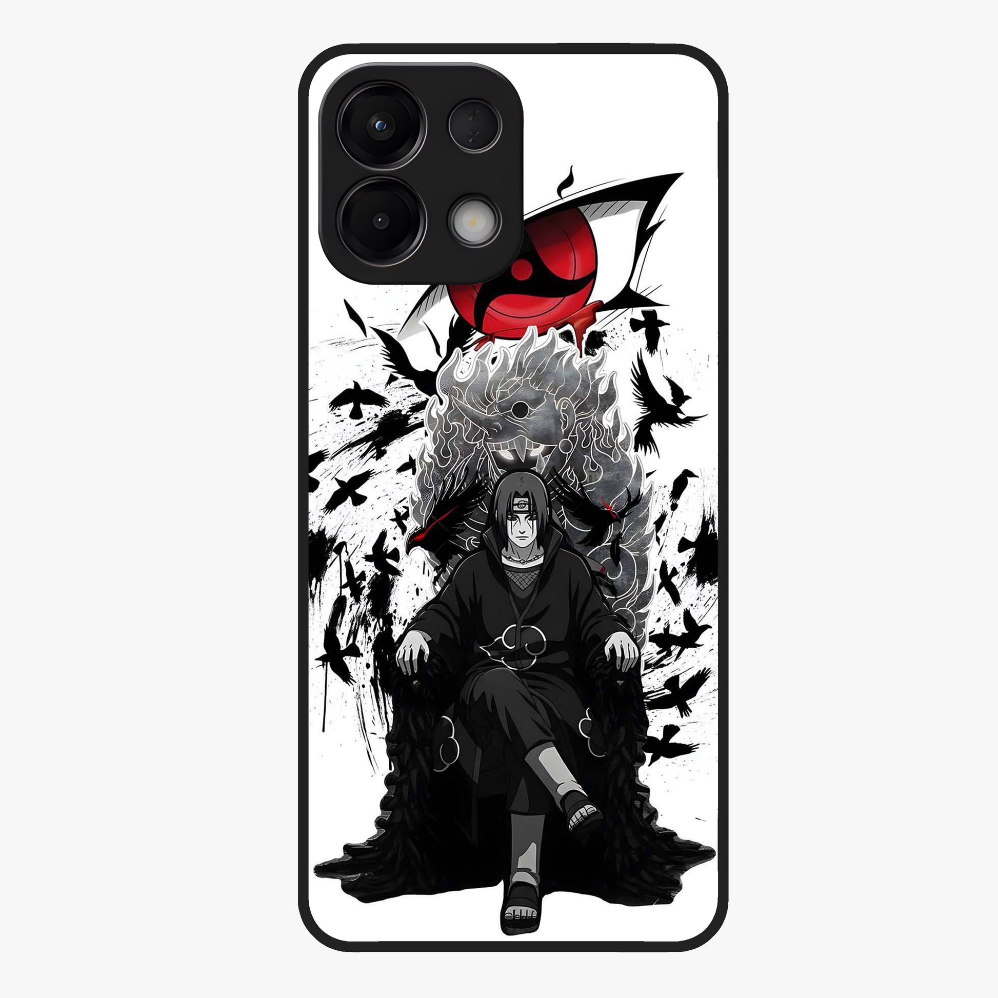 Uchiha Shadow Throne Glass Case showing flat back view with cosmic underwater themed artwork and glossy glass finish.