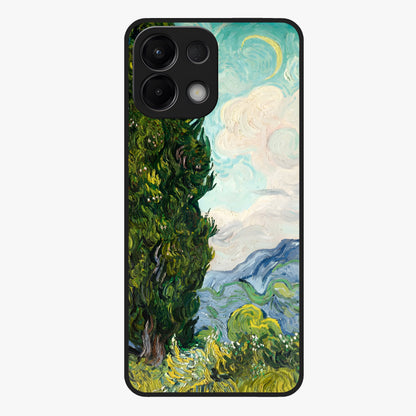 Van Gogh Vintage Art Glass Case showing flat back view with vintage painterly artwork inspired by Van Gogh style and glossy glass finish.