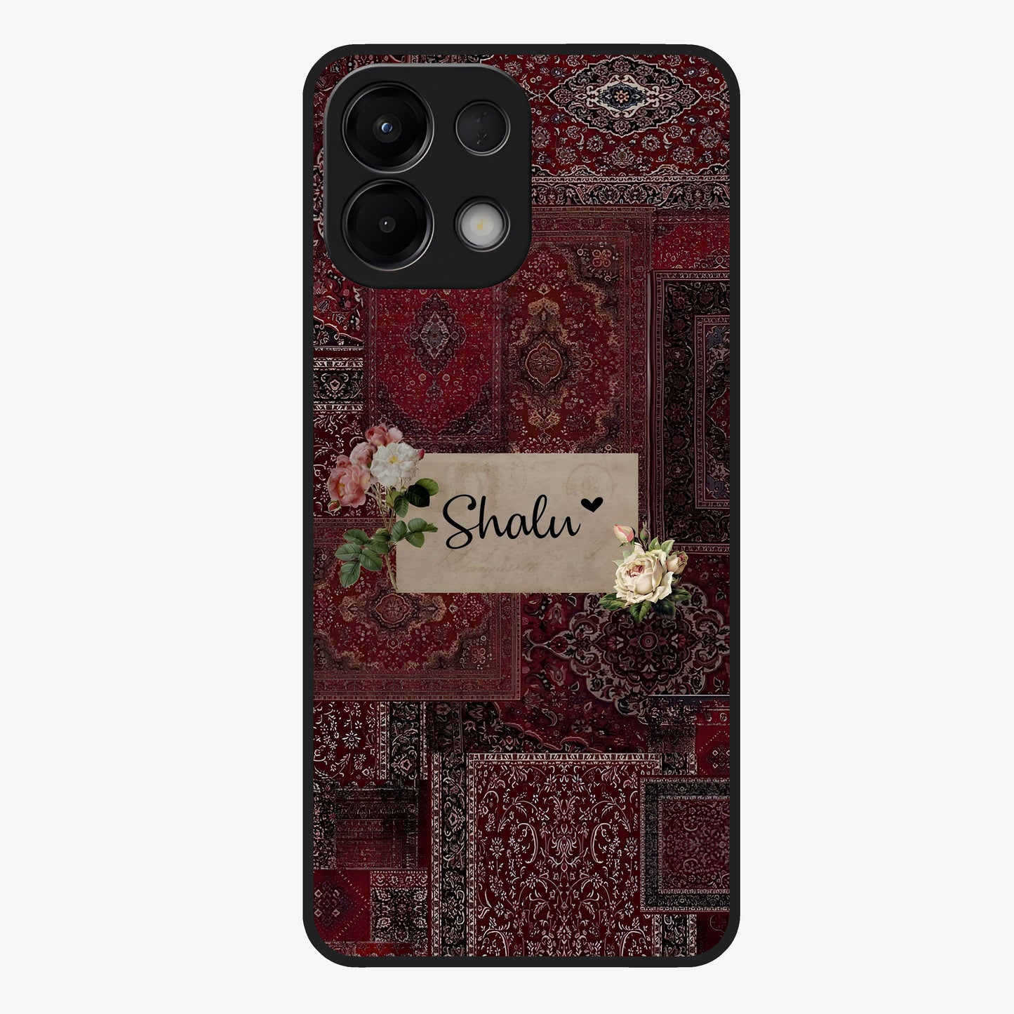 Velvet Wine Pattern Custom Name Glass Case showing flat back view with elegant wine colored pattern artwork and personalized name design.