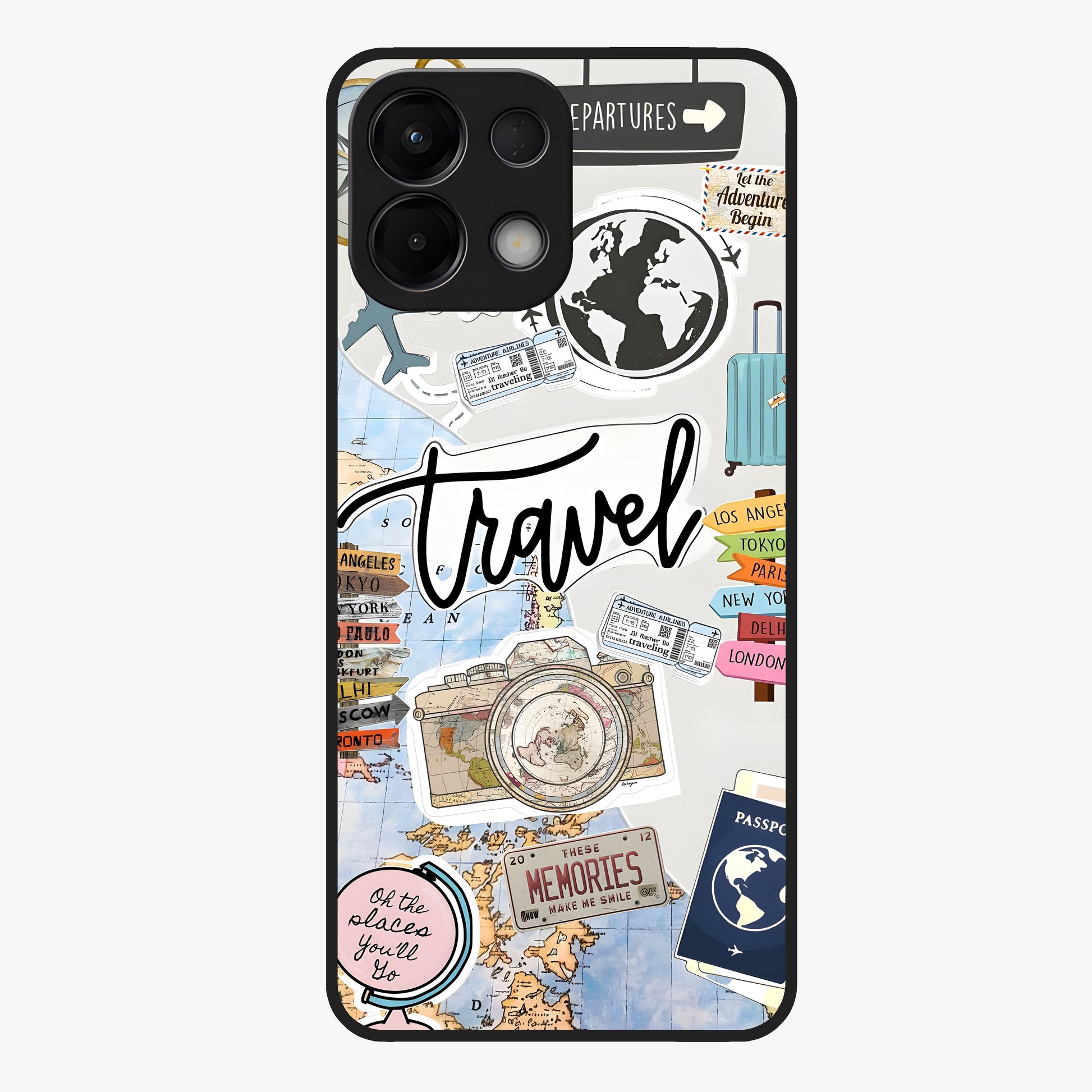 Wanderlust Journal Glass Case showing flat back view with travel inspired artwork and glossy glass finish.