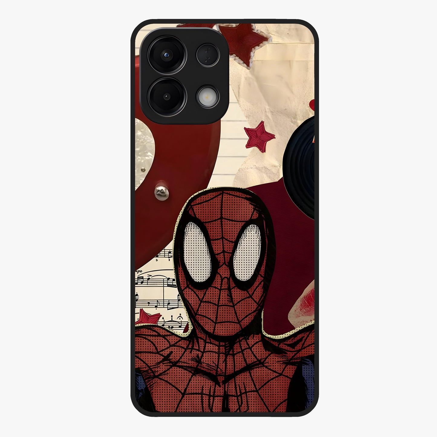 Web Warrior Vibes Glass Case showing flat back view with superhero inspired web themed artwork and glossy glass finish.