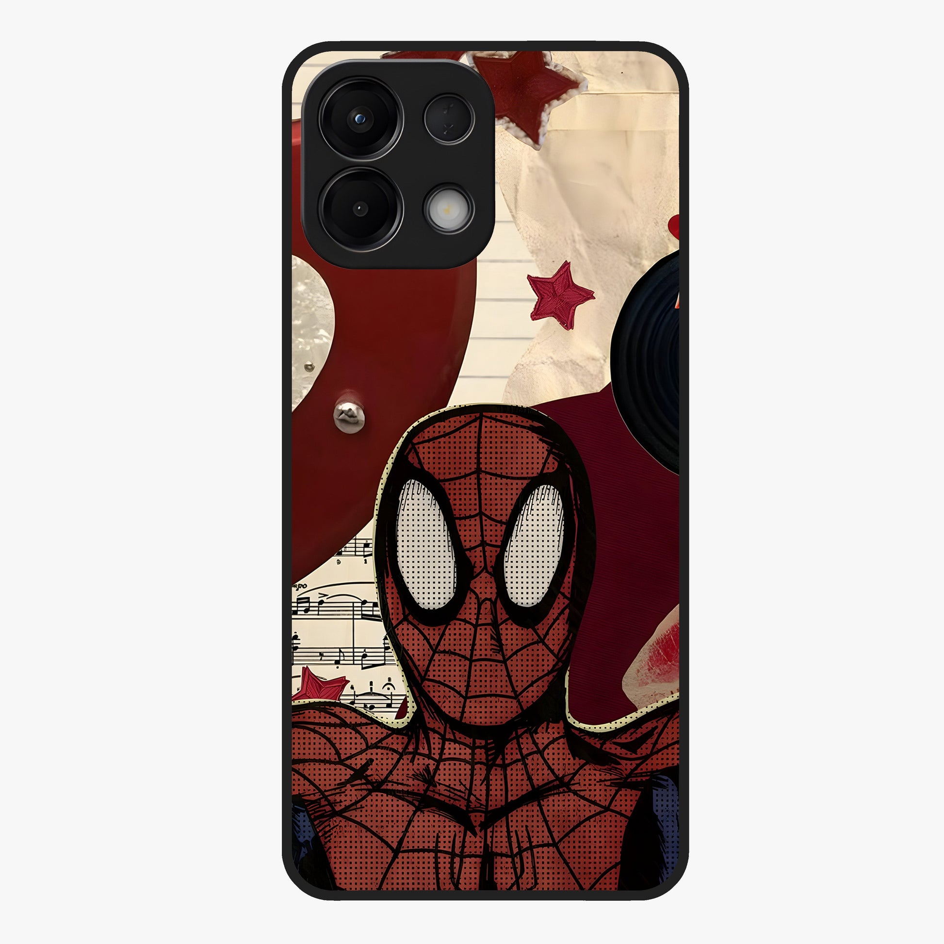 Web Warrior Vibes Glass Case showing flat back view with superhero inspired web themed artwork and glossy glass finish.