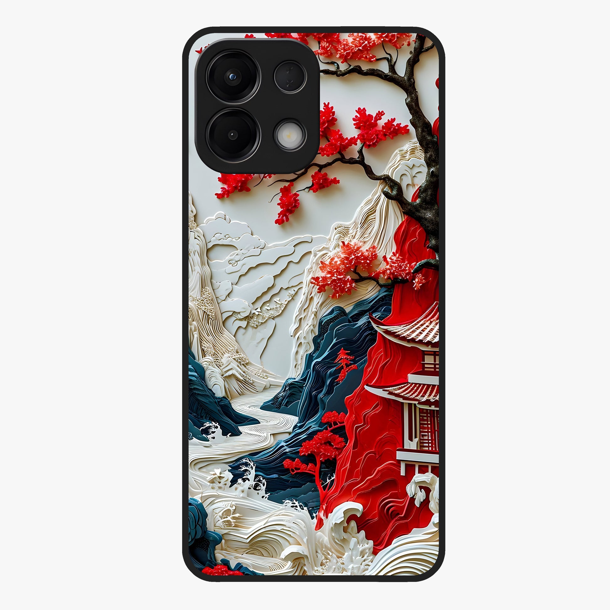 Whispers Of Sakura Waves Glass Case showing flat back view with cherry blossom wave artwork and glossy glass finish.