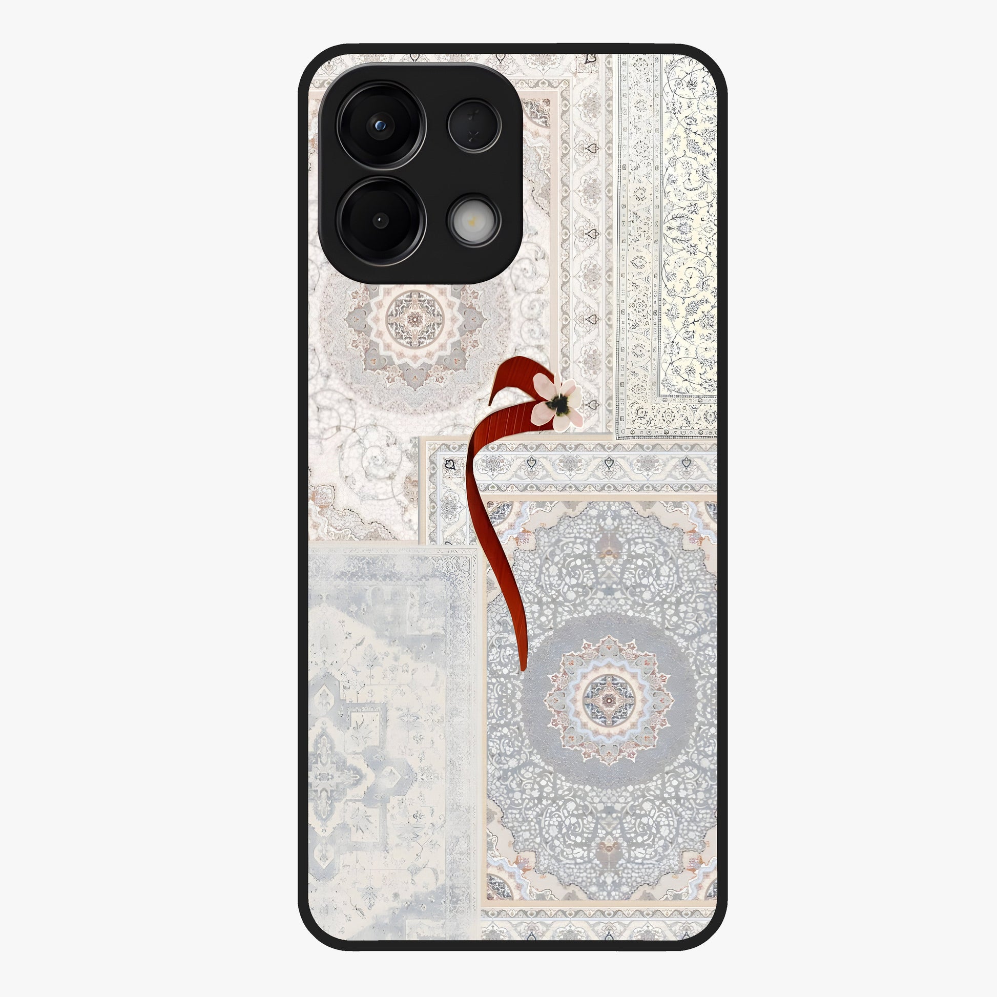 White Aesthetic Bow Glass Case showing flat back view with minimal bow artwork and glossy glass finish.