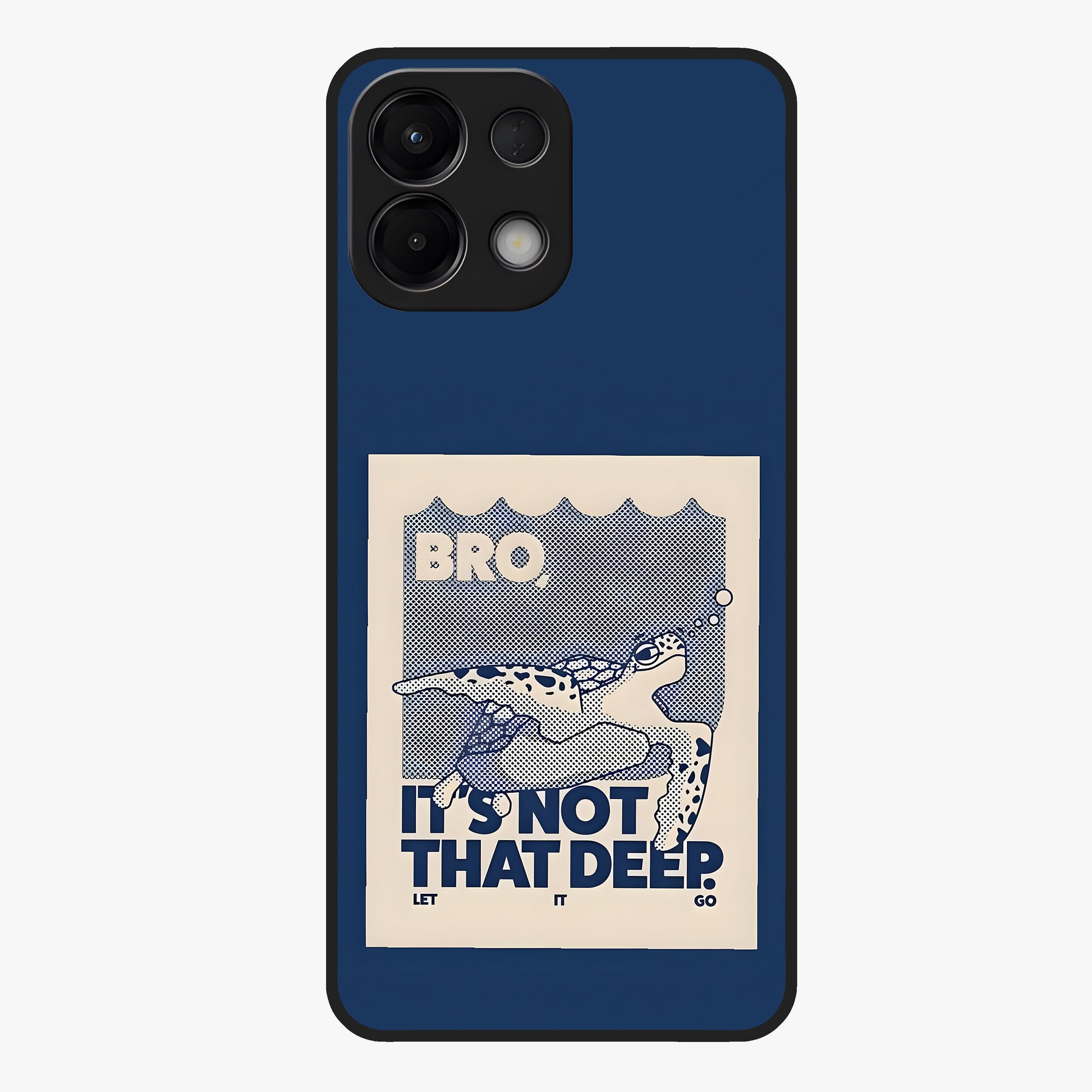 Worry Less Swim Glass Case showing flat back view with playful motivational artwork and glossy glass finish.