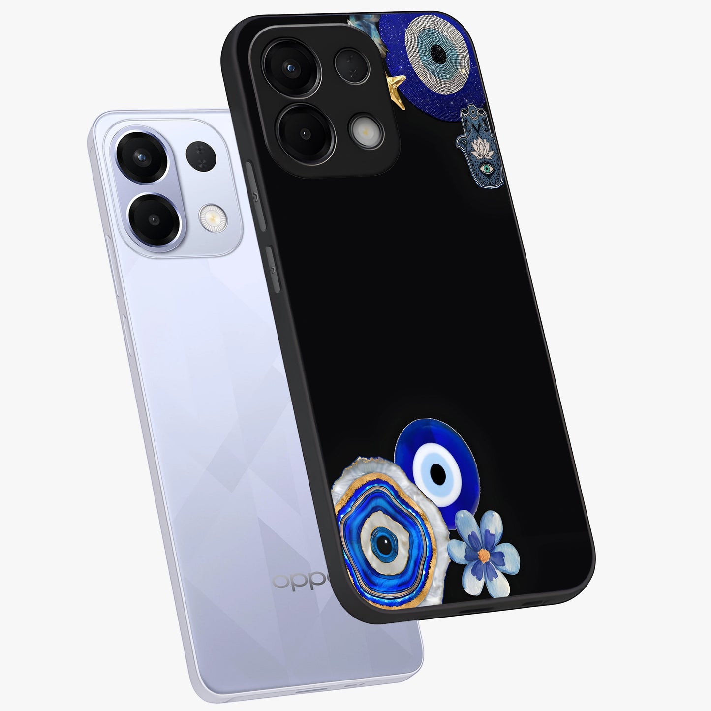 Aesthetic Blue Evil Eye Glass Case displayed in angled mockup highlighting blue evil eye symbol and spiritual aesthetic design.