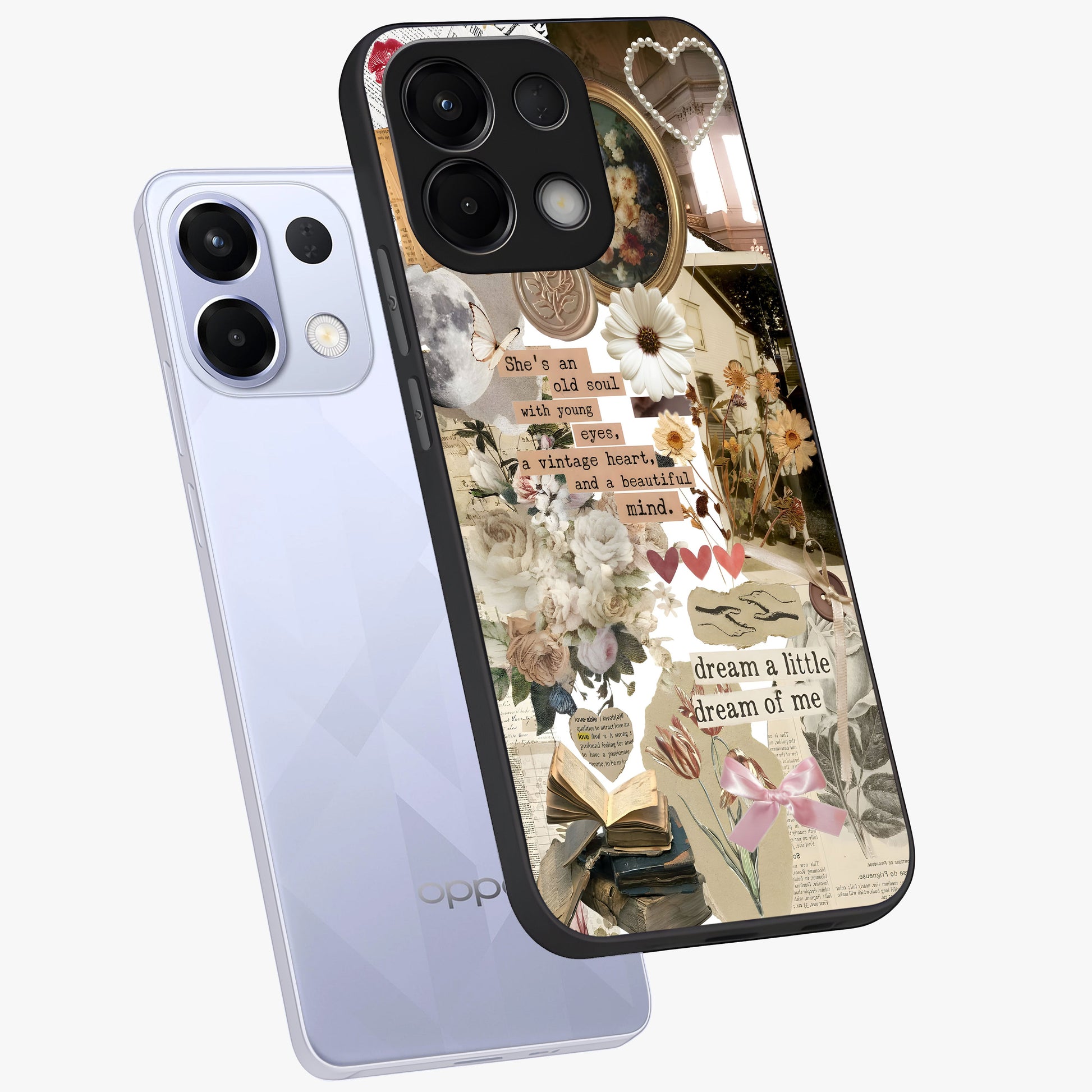 Aesthetic Brown Vintage Collage Glass Case displayed in angled mockup highlighting vintage aesthetic collage design.