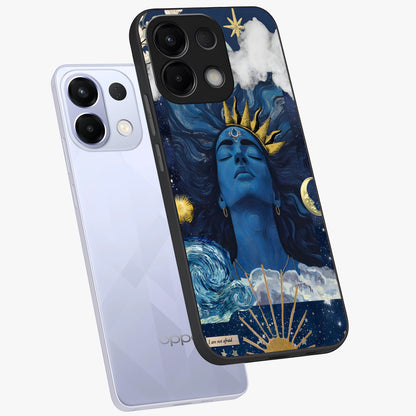 Aesthetic Lord Shiva Glass Case displayed in angled mockup highlighting spiritual Shiva illustration and sacred aesthetic design.