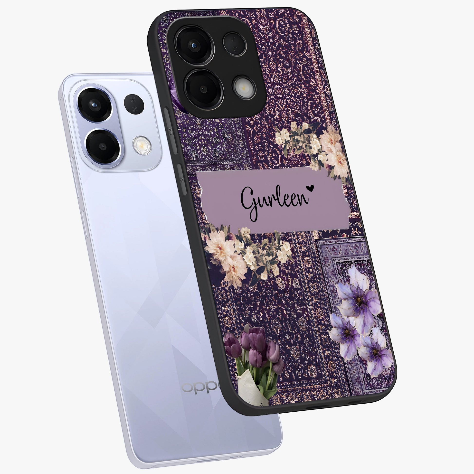 Antique Floral Whisper Custom Name Glass Case displayed in angled mockup highlighting elegant antique floral aesthetic.