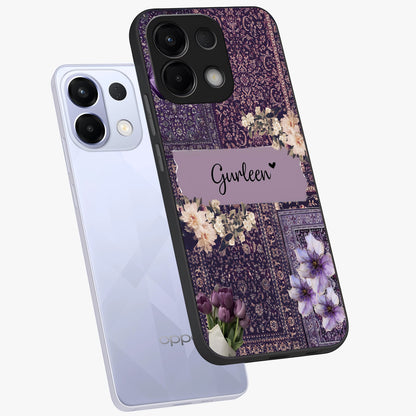 Antique Floral Whisper Custom Name Glass Case displayed in angled mockup highlighting elegant antique floral aesthetic.