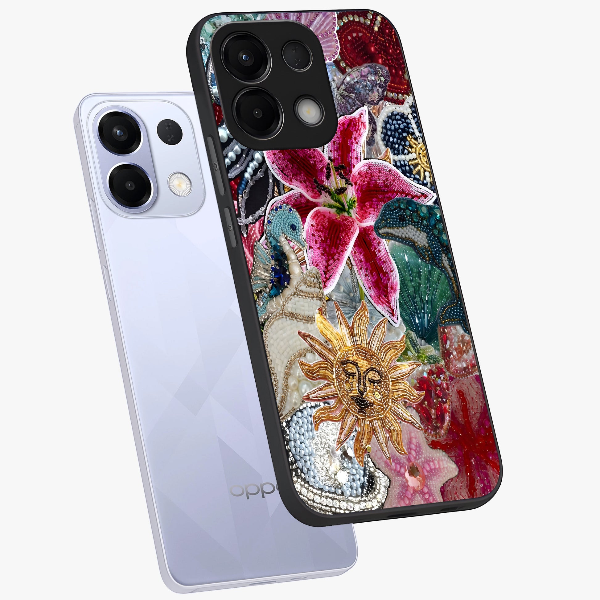 Beaded Garden Fantasy Glass Case displayed in angled mockup highlighting fantasy inspired floral bead pattern.