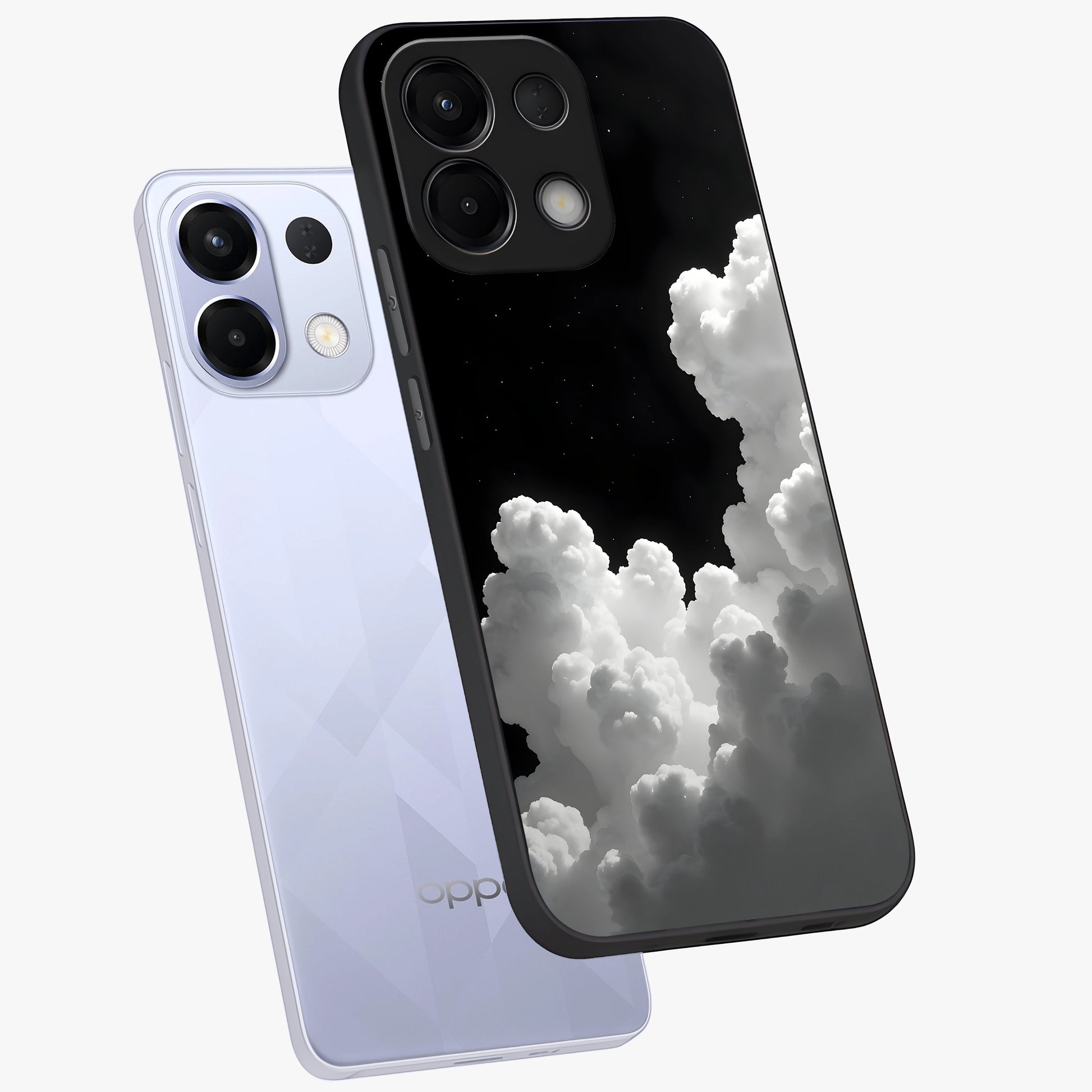 Black Background With White Cloud Glass Case displayed in angled mockup highlighting soft white cloud illustration and minimal design.