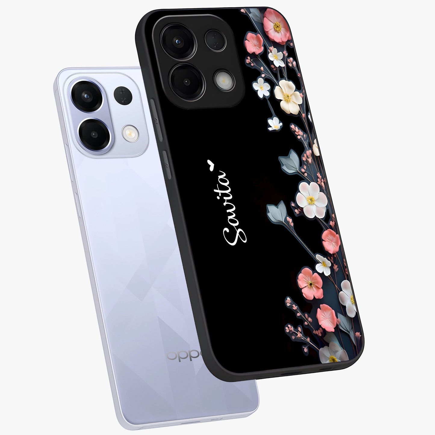 Black Elegance Floral Custom Name Glass Case displayed in angled mockup highlighting dark floral aesthetic and custom name feature.