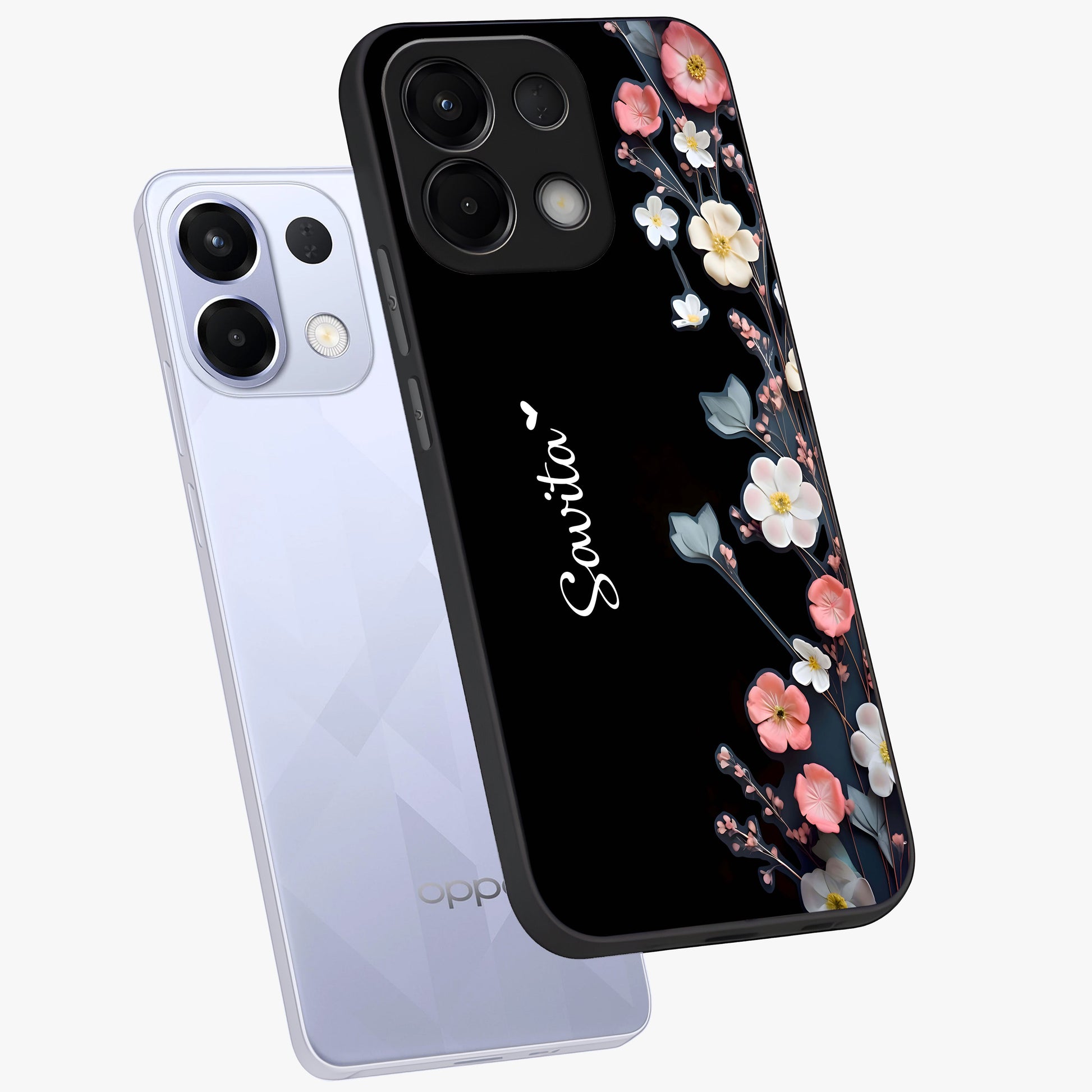 Black Elegance Floral Custom Name Glass Case displayed in angled mockup highlighting dark floral aesthetic and custom name feature.