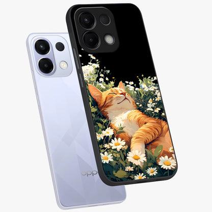 Blissful Bloom Cat Glass Case displayed in angled mockup highlighting playful feline illustration with soft floral aesthetic.
