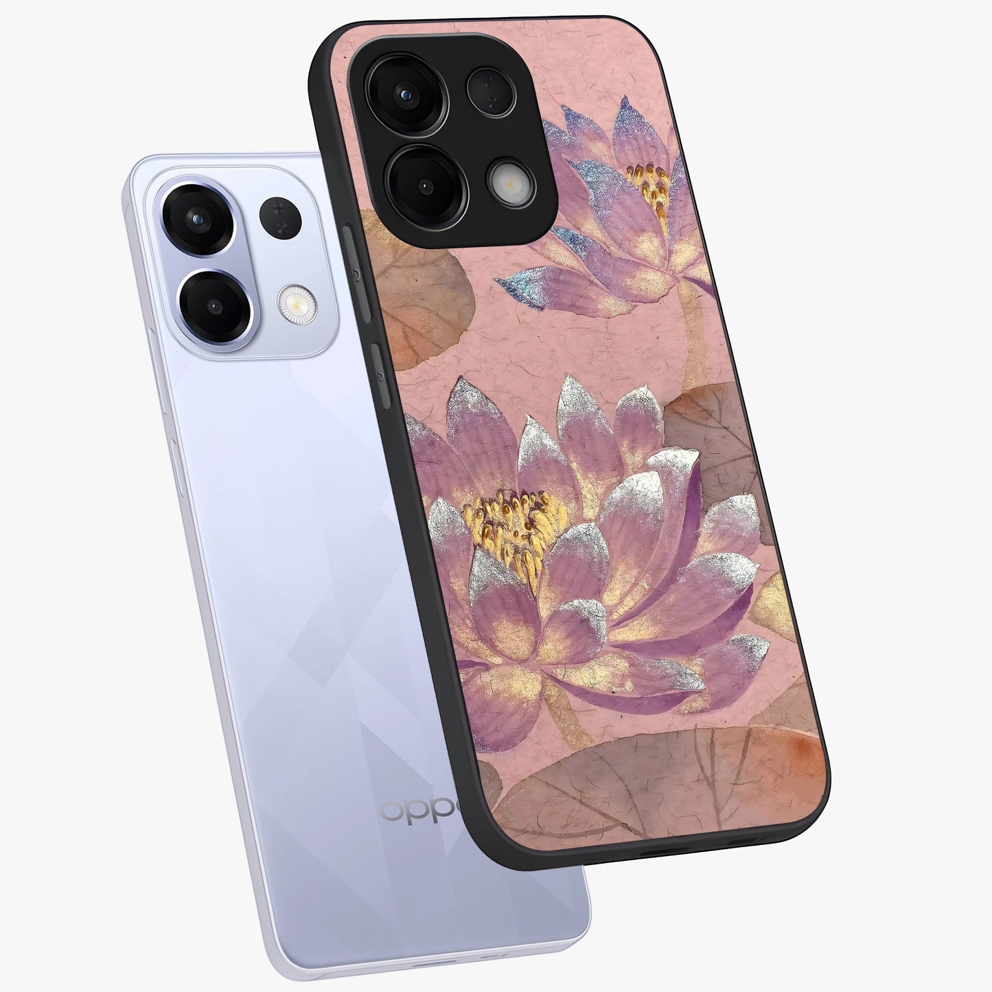 Blossom Mist Lotus Glass Case displayed in angled mockup highlighting delicate lotus illustration with calm aesthetic theme.