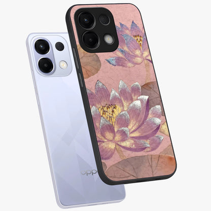 Blossom Mist Lotus Glass Case displayed in angled mockup highlighting delicate lotus illustration with calm aesthetic theme.