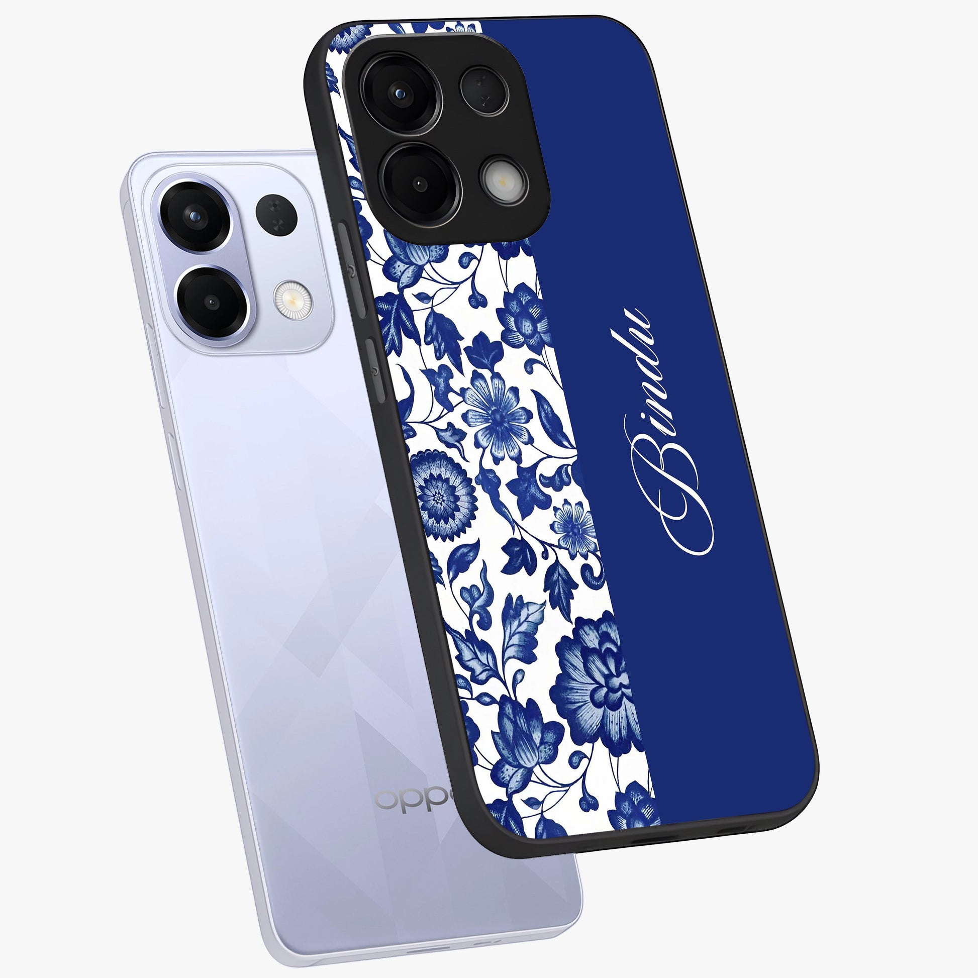 Blue Vintage Floral Pattern Glass Case displayed in angled mockup highlighting subtle bloom pattern with aesthetic pastel design.