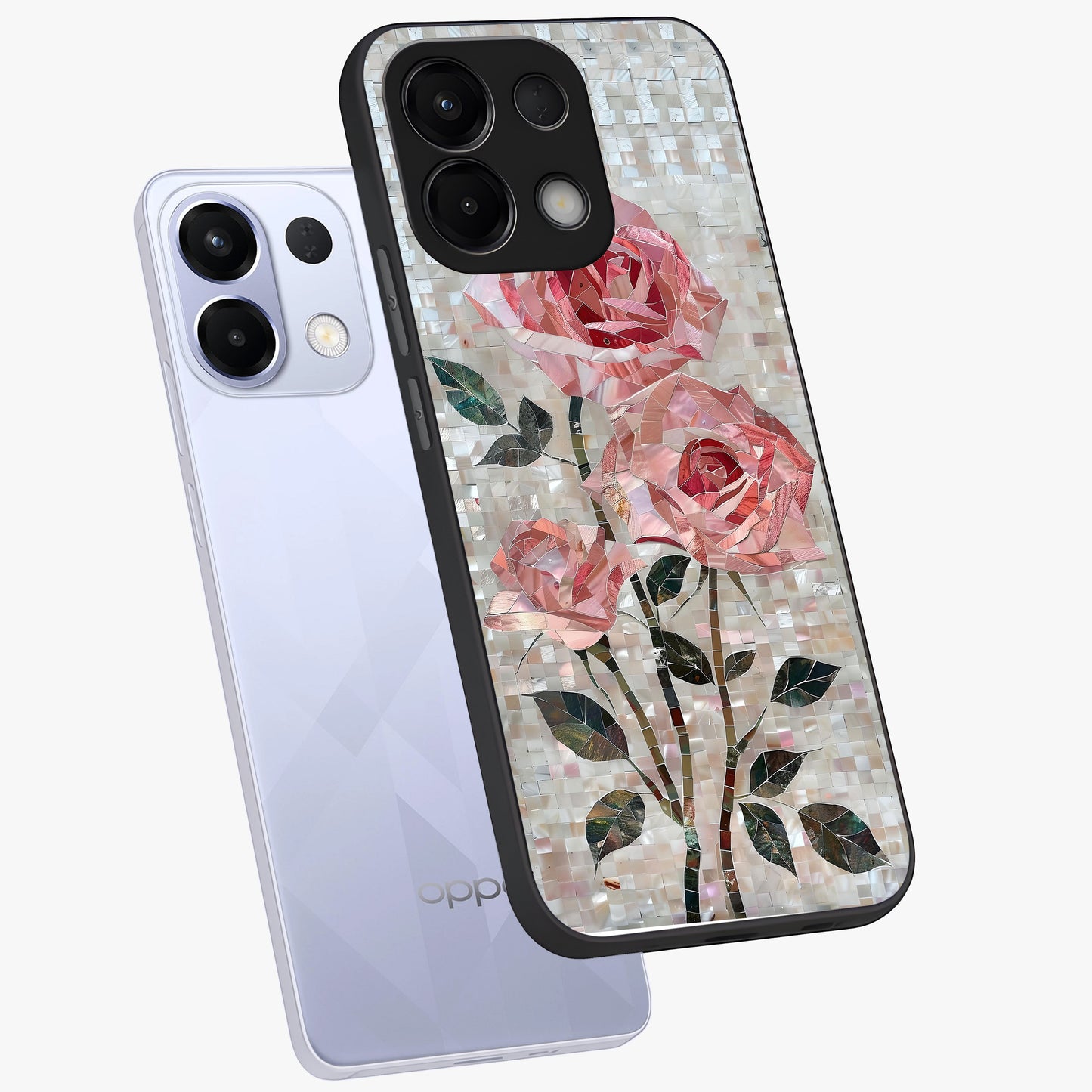 Blush Mosaic Bloom Glass Case displayed in angled mockup highlighting artistic mosaic flower pattern with aesthetic design.