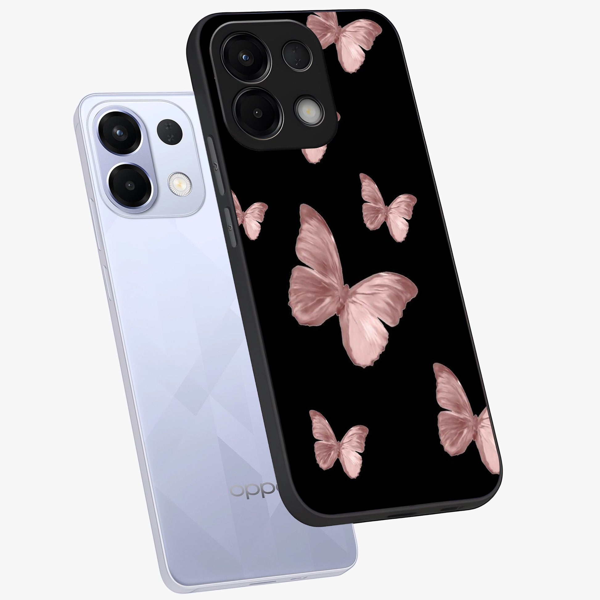 Butterfly Pattern Glass Case displayed in angled mockup highlighting delicate butterfly design and aesthetic pattern style.
