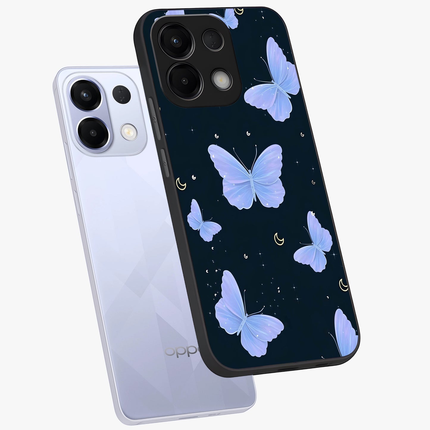 Butterfly With Stars Pattern Glass Case displayed in angled mockup highlighting dreamy butterfly and star design with aesthetic theme.
