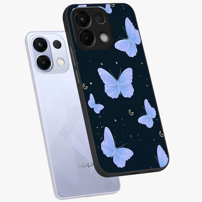 Butterfly With Stars Pattern Glass Case displayed in angled mockup highlighting dreamy butterfly and star design with aesthetic theme.