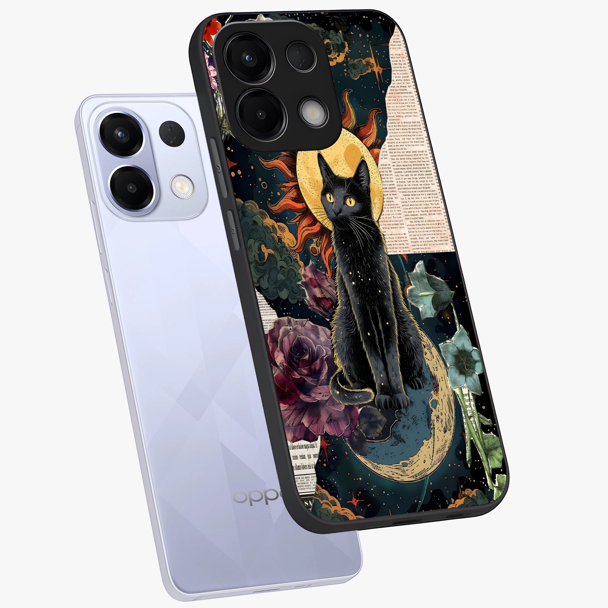 Celestial Black Cat Glass Case displayed in angled mockup highlighting cosmic black cat design with celestial aesthetic.