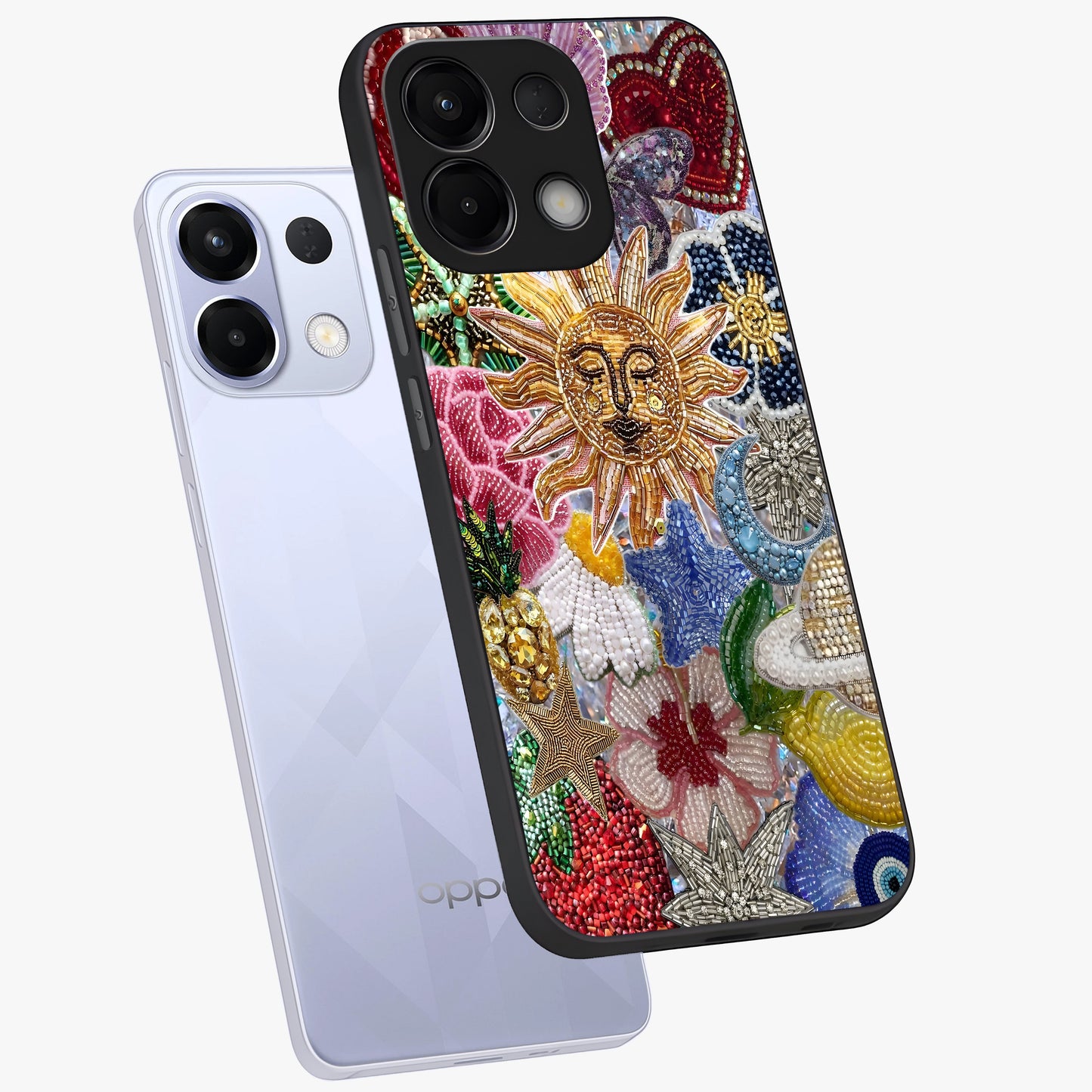 Celestial Floral and Playful Glass Case displayed in angled mockup highlighting playful floral design with dreamy celestial elements.