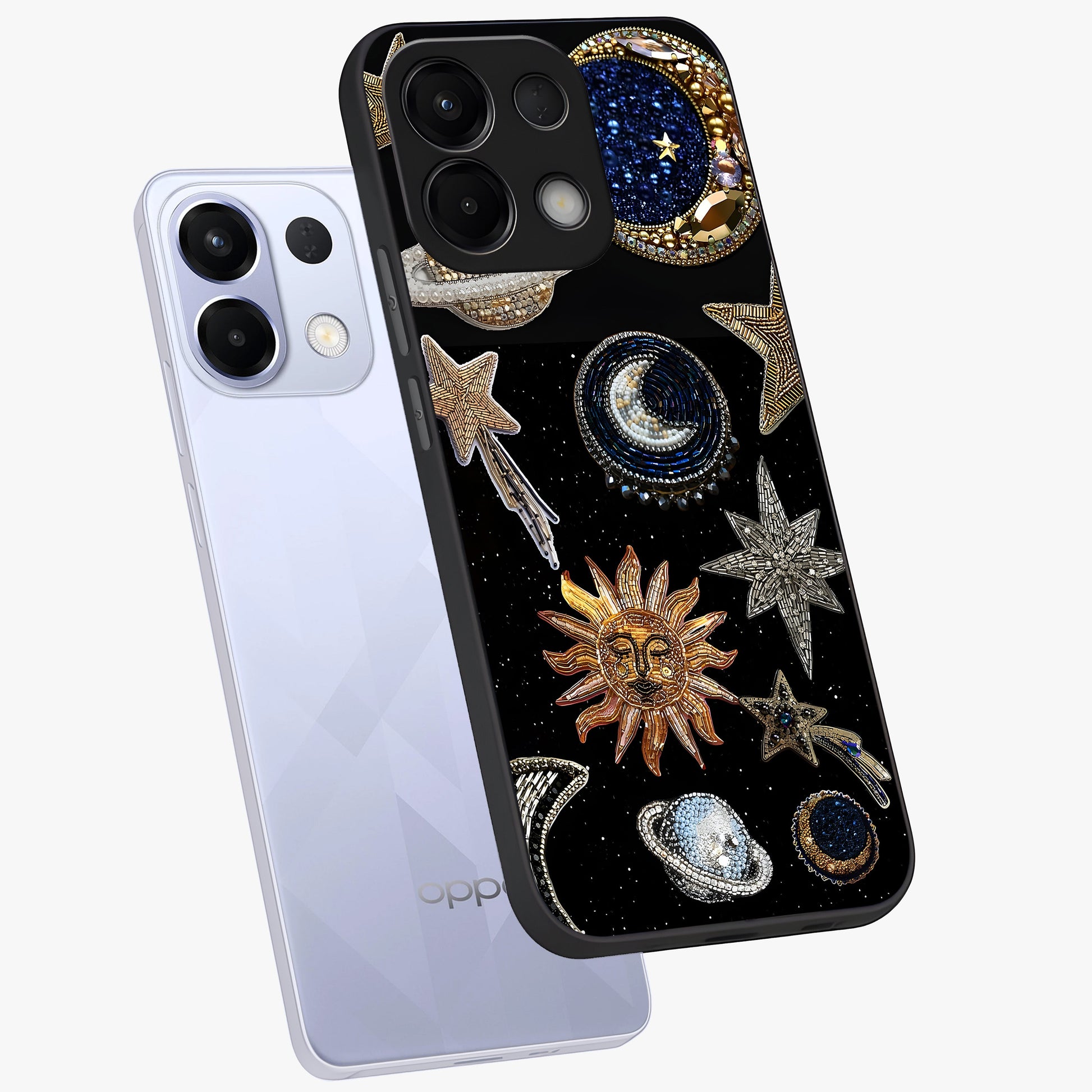 Celestial Gem Constellations Glass Case displayed in angled mockup highlighting gemstone inspired constellation design.