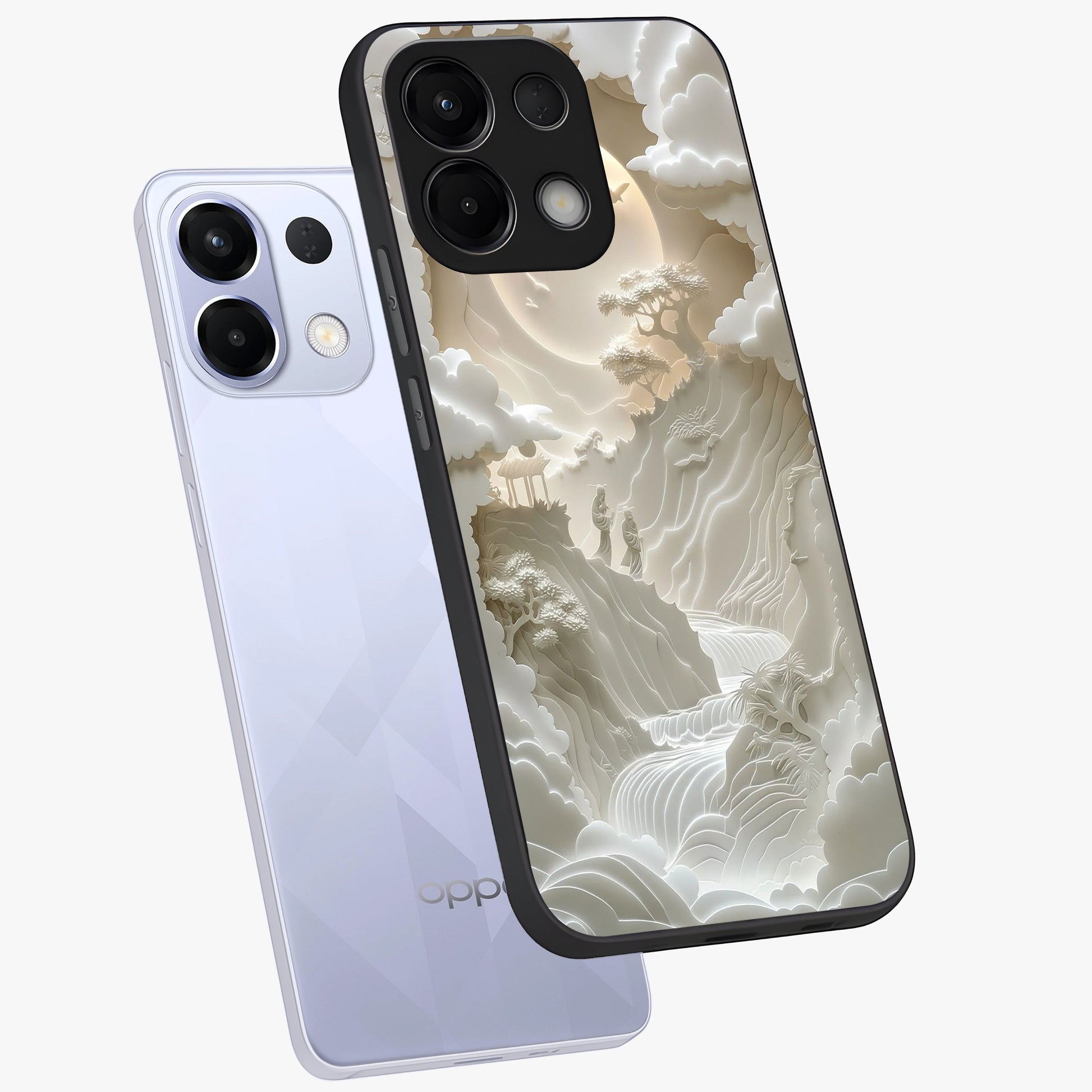 Celestial Origami Glass Case displayed in angled mockup highlighting geometric origami design with cosmic aesthetic theme.