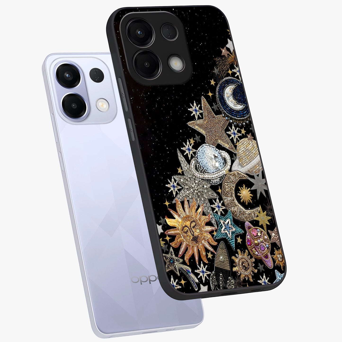 Cosmic Sparkle Dreams Glass Case displayed in angled mockup highlighting dreamy star sparkle design with celestial aesthetic.