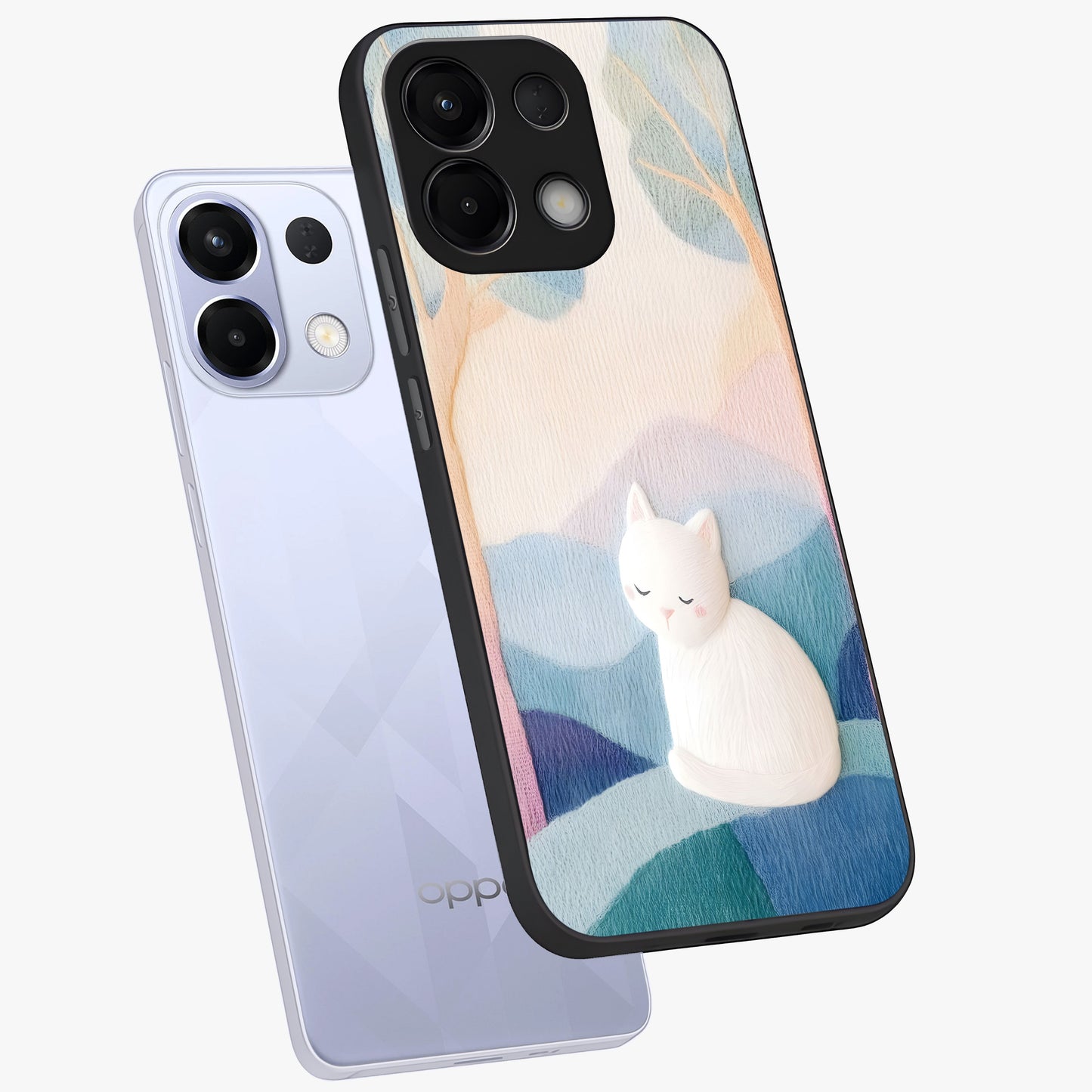 Cotton Dream Cat Glass Case displayed in angled mockup highlighting cute feline illustration with pastel aesthetic style.