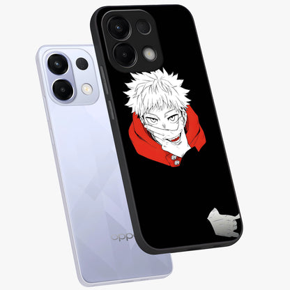 Crimson Chaos Smile Glass Case displayed in angled mockup highlighting edgy crimson smile design with graphic aesthetic.