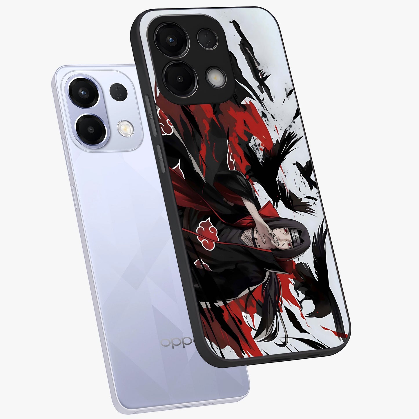 Crimson Crow Illusion Glass Case displayed in angled mockup highlighting mysterious crow graphic with dark aesthetic style.