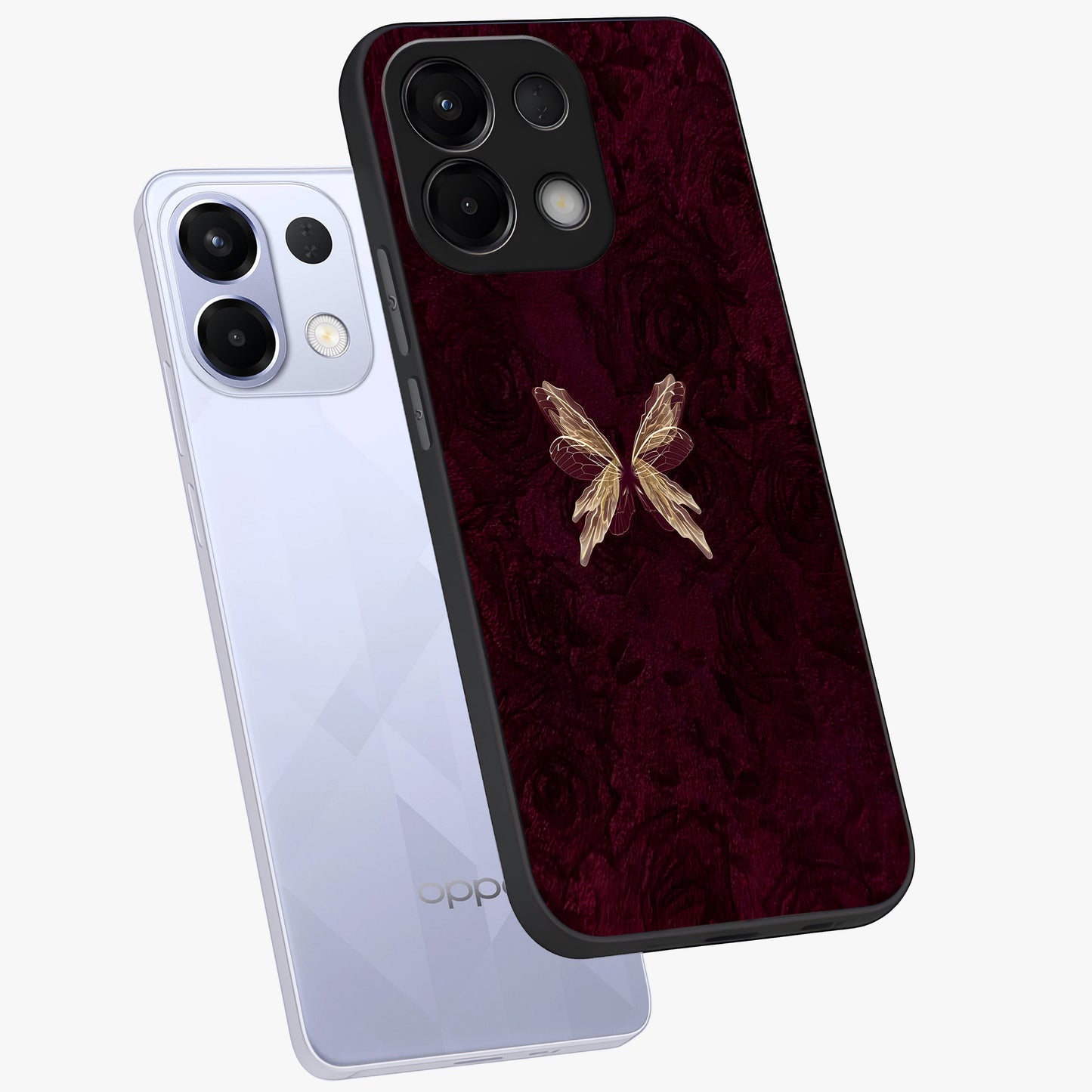 Crimson Fade Butterfly Glass Case displayed in angled mockup highlighting elegant butterfly design with crimson gradient aesthetic.