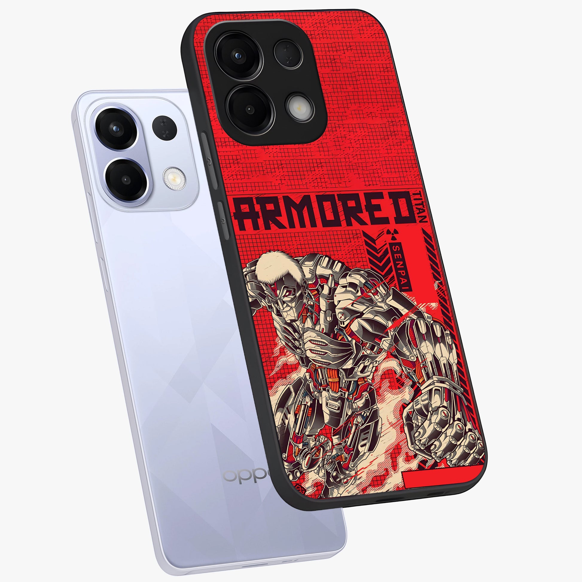 Crimson Mecha Titan Glass Case displayed in angled mockup highlighting futuristic mech illustration with bold crimson aesthetic.