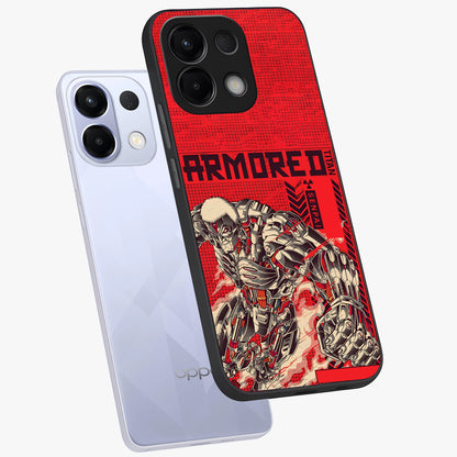 Crimson Mecha Titan Glass Case displayed in angled mockup highlighting futuristic mech illustration with bold crimson aesthetic.