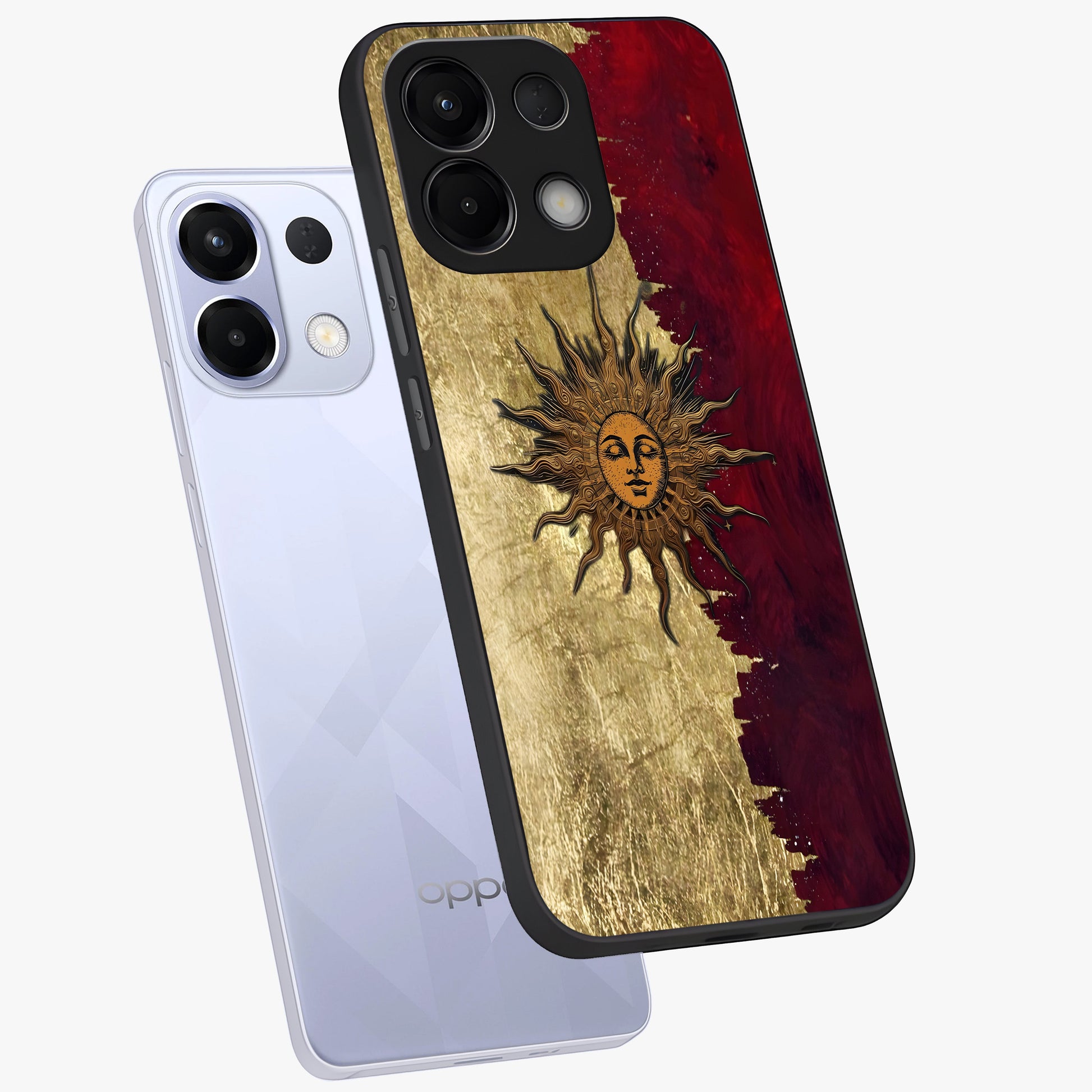 Crimson Sun Majesty Glass Case displayed in angled mockup highlighting majestic crimson sun design with bold aesthetic style.