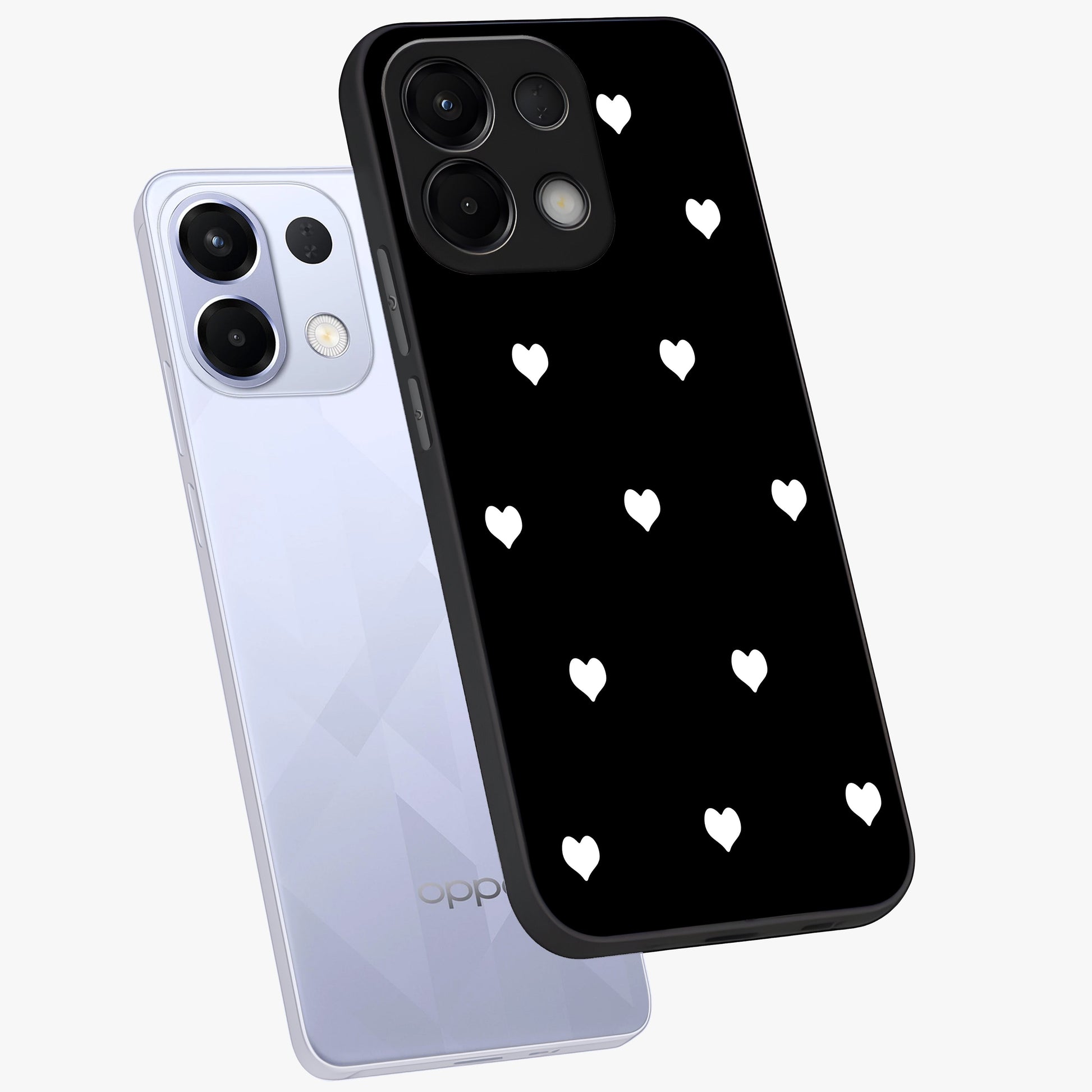Cute And Simple White Hearts Glass Case displayed in angled mockup highlighting cute heart design with clean aesthetic style.