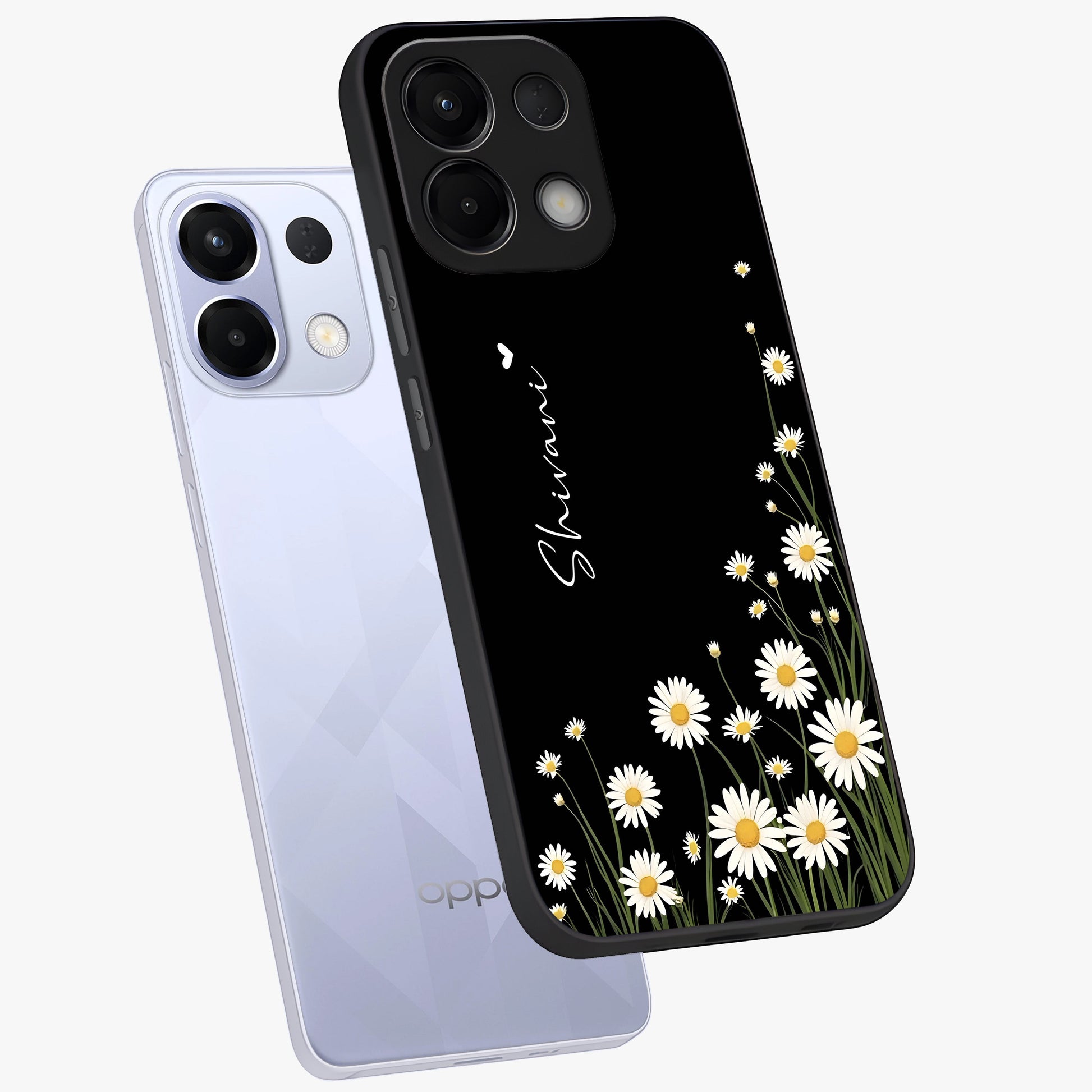 Daisy Cascade Custom Name Glass Case displayed in angled mockup highlighting delicate daisy artwork with custom name feature.