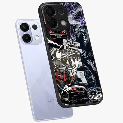 Die Young Glass Case displayed in angled mockup highlighting expressive graphic artwork with edgy aesthetic style.