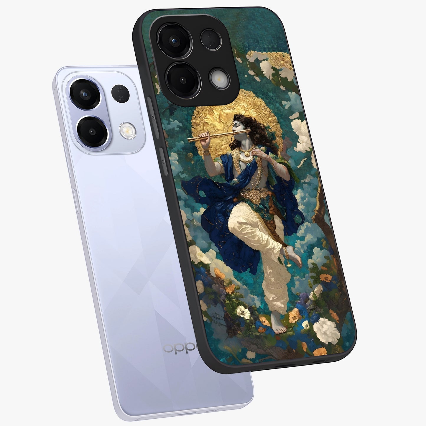 Divine Krishna Art Glass Case displayed in angled mockup highlighting spiritual Krishna illustration with devotional aesthetic.