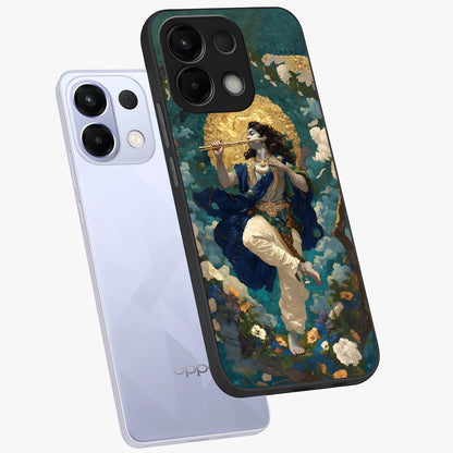 Divine Krishna Art Glass Case displayed in angled mockup highlighting spiritual Krishna illustration with devotional aesthetic.