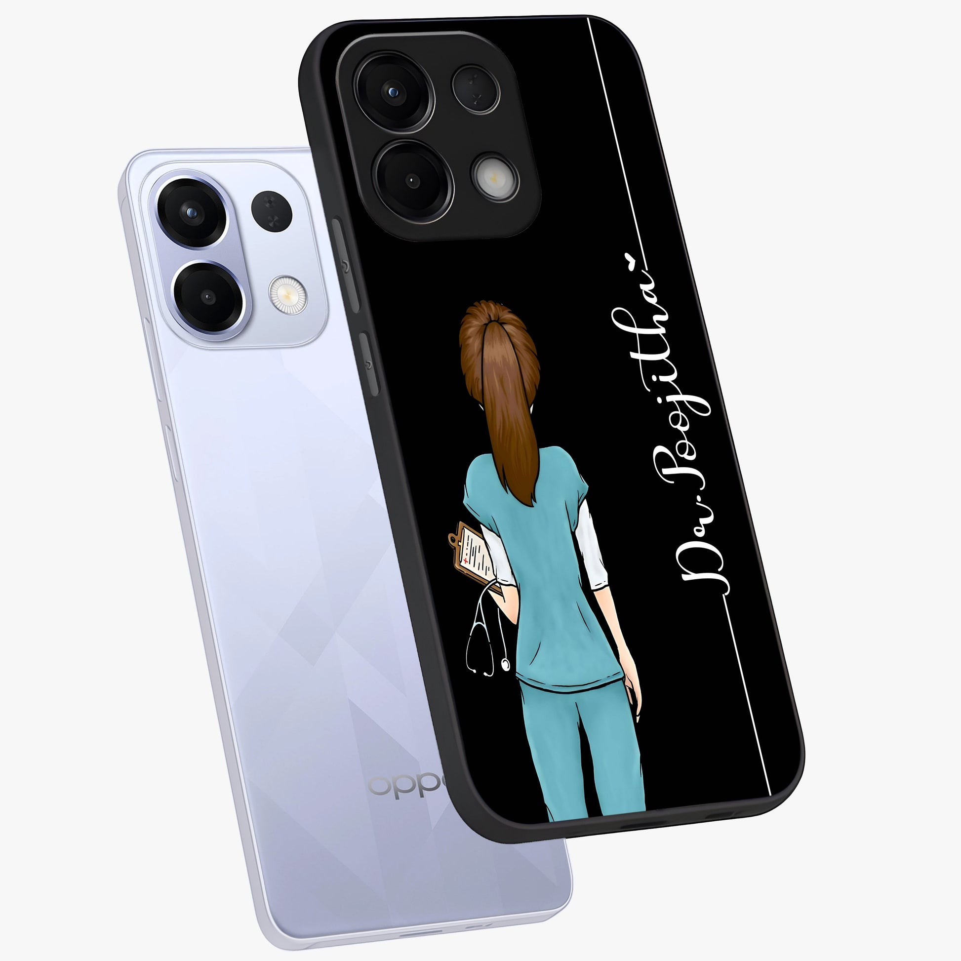 Doctor Pattern Custom Name Glass Case displayed in angled mockup highlighting doctor inspired artwork with custom name feature.