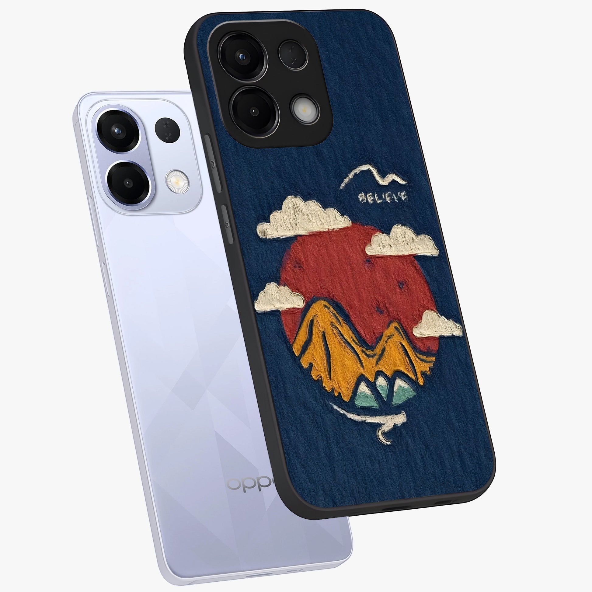 Dream Beyond Mountains Glass Case displayed in angled mockup highlighting dreamy mountain illustration with peaceful aesthetic.