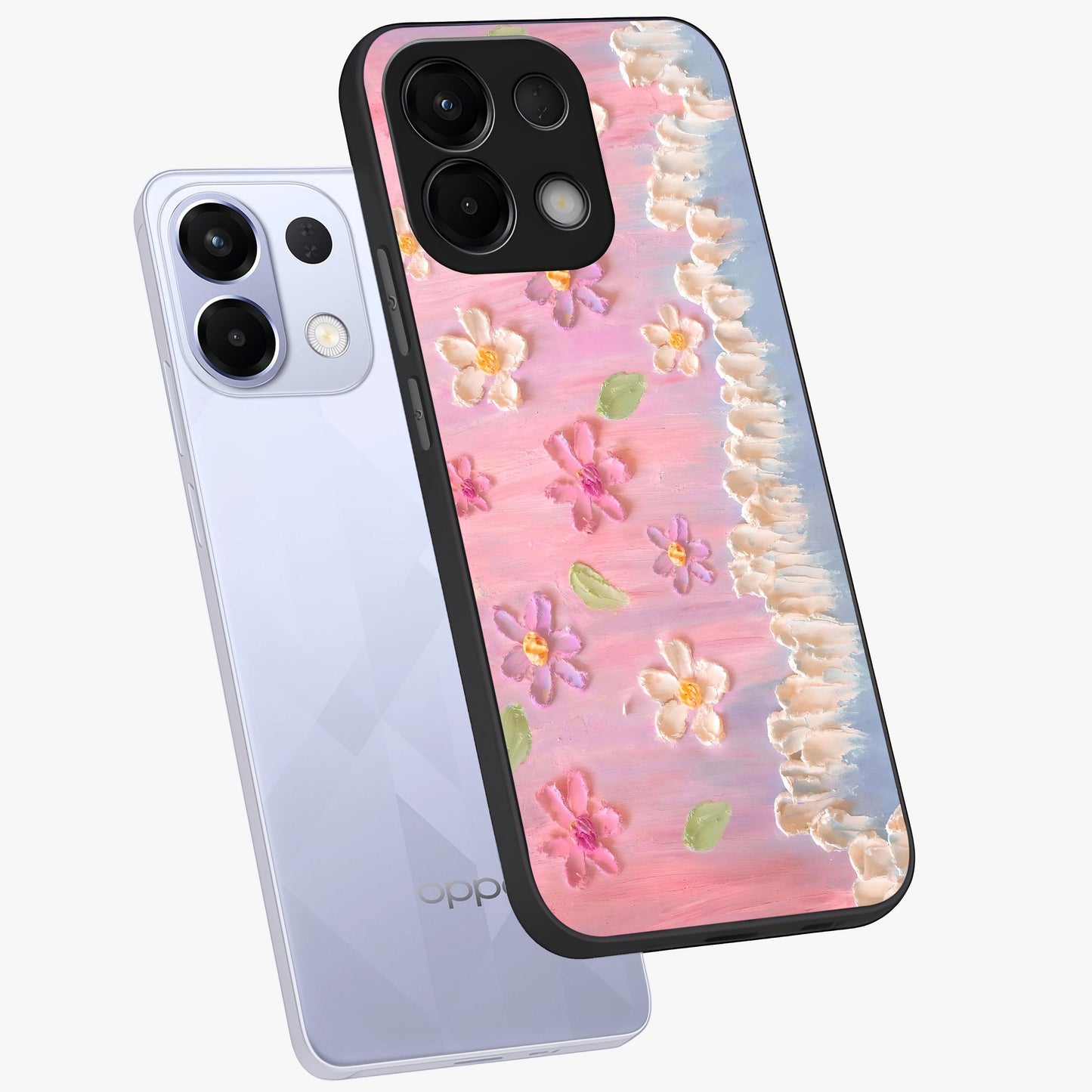 Dreamy Painted Garden Glass Case displayed in angled mockup highlighting colorful garden illustration with dreamy aesthetic style.